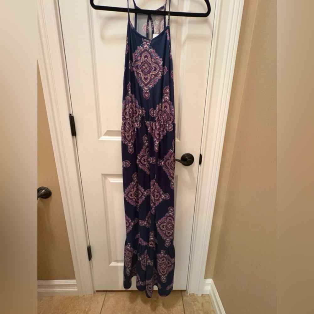 French Grey Navy Maxi Dress with Pink Paisley Print